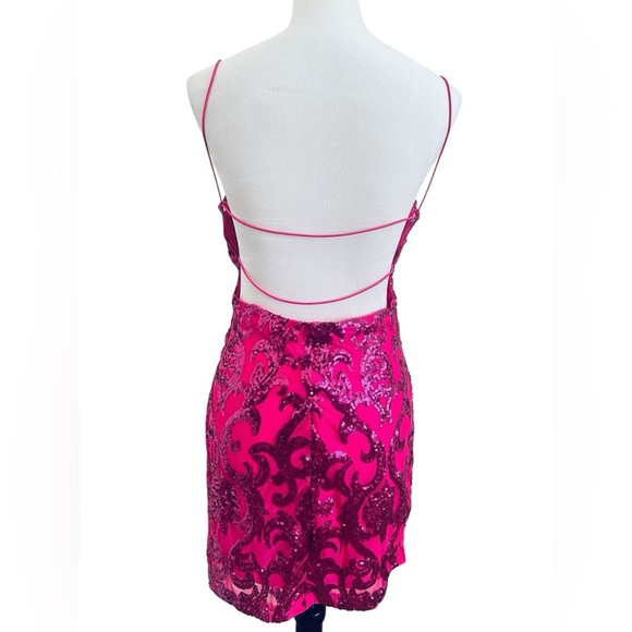 B Darlin Pink sequined Bodycon Dress with Spaghetti Straps for Prom - Picture 2 of 9